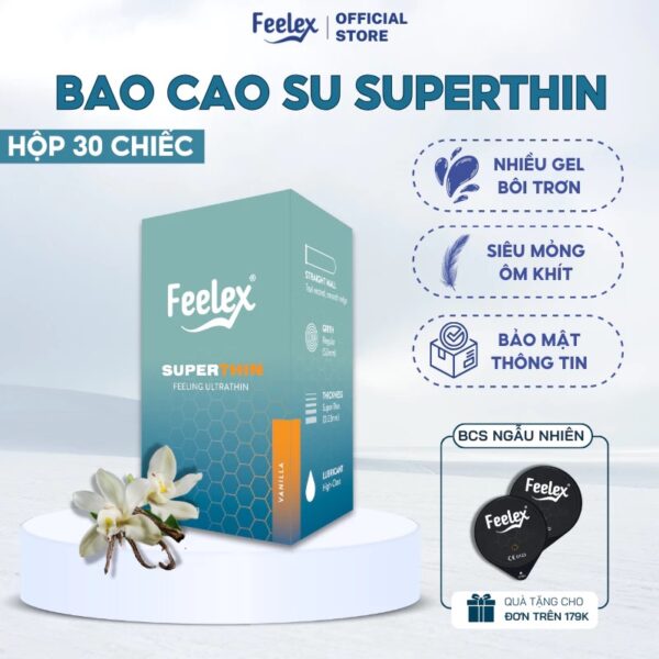 Bao cao su Feelex superthin siêu mỏng, nhiều gel bôi trơn, nhiều mùi hương - hộp 30 bcs