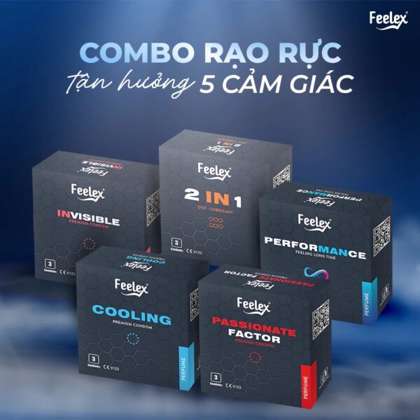 Combo 5 hộp bao cao su Feelex siêu mỏng, nhiều gel bôi trơn