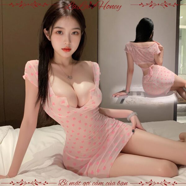 Váy Ngủ Xuyên Thấu Sexy Cổ V Sâu Gợi Cảm Eo Thắt Nơ Quyến Rũ