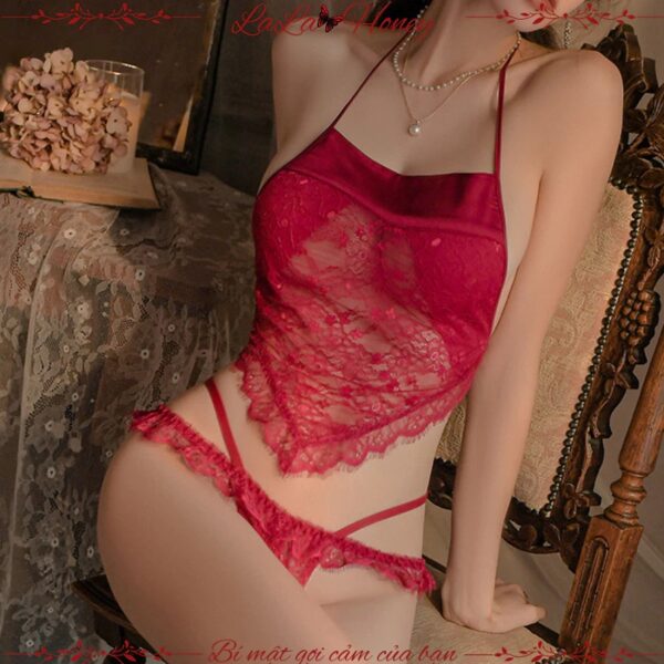 Bộ đồ lót yếm lụa xuyên thấu ren gợi cảm, bộ đồ ngủ yếm lụa cổ trang